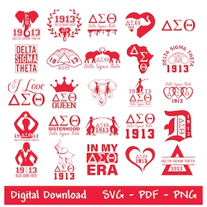 May include: A collection of 20 red and white Delta Sigma Theta sorority logos and designs. The logos feature the sorority's Greek letters, the year 1913, and various other designs, including a crown, an elephant, and a heart.