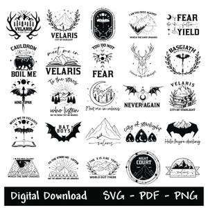 Paquete de Svg Acotar Velaris, Cuarta ala, Corte de espinas y rosas Svg, A las estrellas, Ciudad de la luz de las estrellas, Bat Boys, Fantasía, Cricut, Silueta
