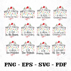 Puede incluir: Un conjunto de 12 tarjetas de juego de fiesta de Navidad imprimibles. Cada tarjeta presenta un gorro de Papá Noel rojo y verde con un pompón blanco, una cadena de luces navideñas de colores y el texto "Most Likely" seguido de una frase divertida con temática navideña. Las frases incluyen "To Pass Out First", "To Leave Last", "To Kiss Under The Mistletoe", "To Host Christmas Games", "To Hide In His Room", "To Drink All The Whiskey", "To Drink All The Vodka", "To Cry When Christmas Is Over", "To Bring The Mistletoe", "To Be The Grinch", "To Be Making TikToks", and "To Assemble All The Toys".