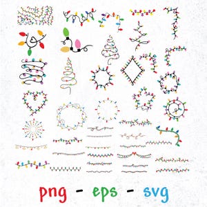 May include: A set of 30 colorful Christmas light string illustrations in various shapes, including hearts, stars, circles, and trees. The illustrations are perfect for adding a festive touch to your designs.