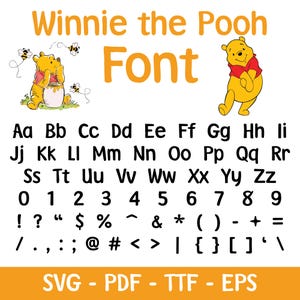 Alphabet de Winnie l'ourson, dxf polices Winnie l'ourson, ourson police SVG, fichiers Svg police Winnie l'ourson pour Cricut et Silhouette, ourson ttf