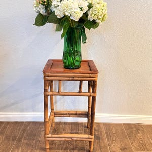 Vintage Bamboo Plant Stand: Mid Century Square Accent Table, Boho Chic Flower Pot Riser