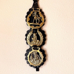 Antique English Horse Brass Medallions on Leather Martingale Strap Wall Decor (Cornish pixies )
