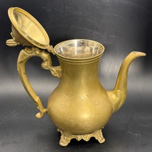 Vintage Solid Brass Indian Teapot | Etched Floral Boho Decor Made in India