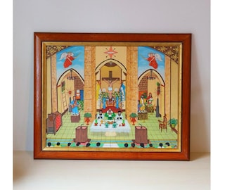 Pintura religiosa folclórica original de Rafael, arte primitivista latinoamericano, misa en iglesia colonial, decoración de la bandera de Nicaragua, Matices Galería Asunción