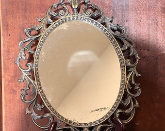 Antique Ornate Cast Brass Oval Wall Mirror Rococo Floral Scroll Frame 13x10 Vanity Decor French Country Gothic Ghosted Glass