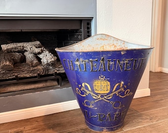 Antique French Grape Harvest Bucket Cobalt Blue Châteauneuf-du-Pape Hotte de Vendange Vineyard Salvage Original Leather Straps