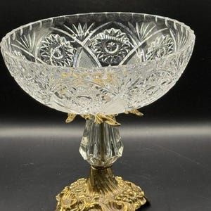 L&L West Germany Crystal Brass Compote Bowl Pedestal Regency 1970s Vtg 9.5” Tall