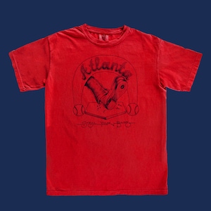 May include: Red t-shirt with a black graphic of a baseball player stealing a base. The graphic says "Atlanta" and "Steal Your Base".