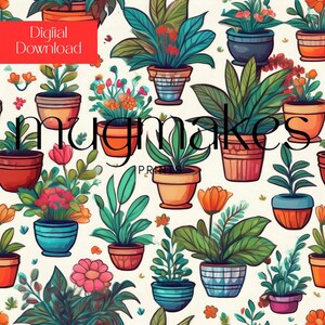 May include: A digital download showcasing a repeating pattern of potted plants and flowers in various colours. The design includes orange, blue, and brown pots with green foliage and colourful blooms. The text "Digital Download" is in a red box.