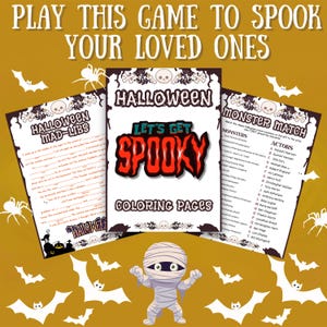May include: A set of three printable Halloween games featuring a mad libs game, a monster match game, and a coloring page. The games are decorated with bats, skulls, and spiders.