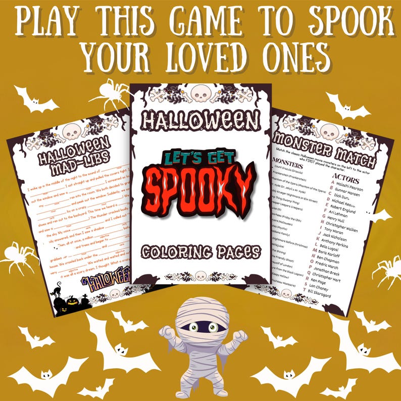 May include: A set of three printable Halloween games featuring a mad libs game, a monster match game, and a coloring page. The games are decorated with bats, skulls, and spiders.
