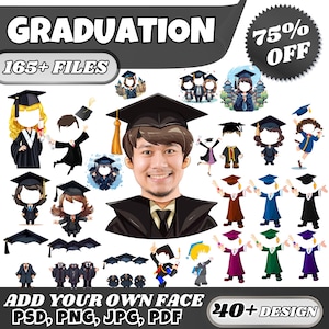 Plantillas PNG PSD de birrete y toga de graduación / Imágenes prediseñadas de graduación con tu cara / Paquete imprimible editable de pareja y amigos de graduación