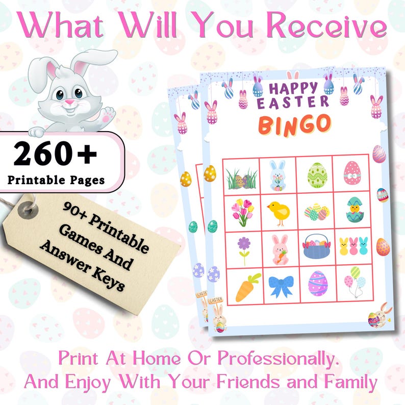 May include: A printable Easter bingo game with a bunny rabbit, eggs, carrots, and other Easter-themed images. The game is titled "Happy Easter Bingo" and includes 260+ printable pages.