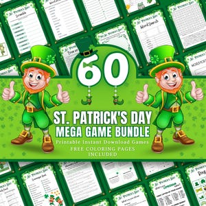 May include: A green and white St. Patrick's Day printable game bundle with 60 games and free coloring pages. The bundle features a cartoon leprechaun with a green hat and beard.