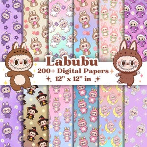 Labubu Digital Paper Bundle | 200+ Kawaii Seamless Patterns | 12&quot;x12&quot; Cute Printable Backgrounds for Scrapbook, Crafts, Sublimation & More