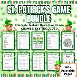 May include: A printable St. Patrick's Day game bundle with 10 different games, including emoji quiz, word scramble, graph, think fast, maze puzzle, scavenger hunt, word search, would you rather, family feud, and bingo. The games are designed with a green shamrock theme and feature a cartoon leprechaun.