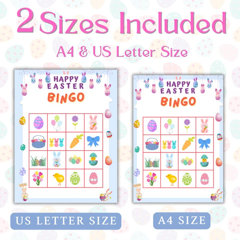 May include: Two printable Easter bingo cards, one in US Letter size and one in A4 size. The cards feature a blue background with a white border and a colorful Easter egg design. The cards have a 5x5 grid with images of Easter eggs, bunnies, chicks, carrots, and other Easter-themed items.