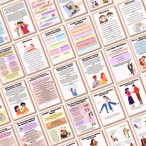 Op de afbeelding: Een verzameling afdrukbare werkbladen en gidsen voor relatieverbetering. De pagina's bevatten illustraties van stellen en tekst met titels als "Affirmations", "Love Maps Worksheet" en "Conflict Repair Guide Worksheet". Het kleurenschema is zacht, met roze, beige en blauwe tinten.