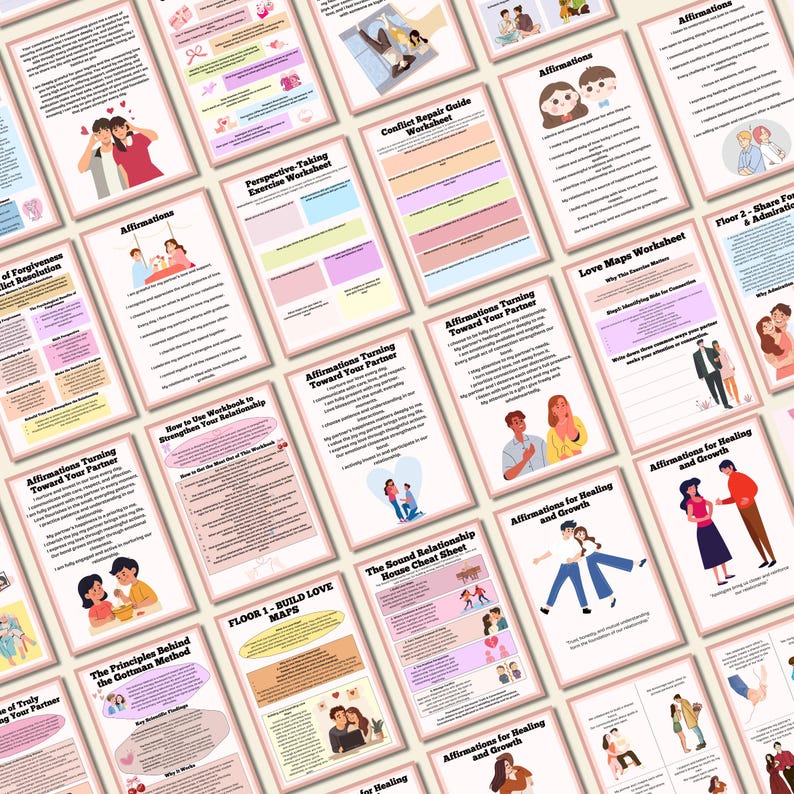 Op de afbeelding: Een verzameling afdrukbare werkbladen en gidsen voor relatieverbetering. De pagina's bevatten illustraties van stellen en tekst met titels als "Affirmations", "Love Maps Worksheet" en "Conflict Repair Guide Worksheet". Het kleurenschema is zacht, met roze, beige en blauwe tinten.