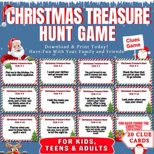 Caça ao tesouro de Natal em ambientes fechados, Caça ao tesouro de Natal, Jogo de Natal para crianças e adultos, Cartões de dicas de Natal para todas as idades, Enigmas de Natal