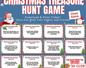May include: A set of 20 Christmas treasure hunt clue cards featuring a red and green color scheme with a Santa Claus illustration. The cards have the text "Christmas Treasure Hunt" and "20 Clue Cards" printed on them.