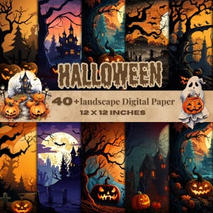 May include: A digital paper set with a Halloween theme. The image features various spooky landscape illustrations with pumpkins, haunted houses, and bats. The text reads "HALLOWEEN" and "40+ landscape Digital Paper 12 X 12 INCHES".