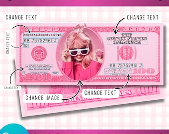 Personalized Pink 100 Dollar Bill Canva Template – Add Your Face – Editable Printable Prop Money, Both Sides, Party Favor | Instant Download