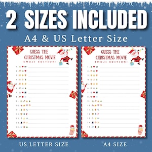 May include: Two printable Christmas movie game cards in US Letter and A4 sizes. Each card features a red and white striped border, a red gift box, a Santa Claus cartoon, and a popcorn bucket. The game is called "Guess the Christmas Movie Emoji Edition!" and includes 15 lines with emojis to guess the movie title.