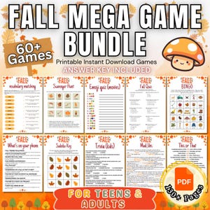 May include: A digital download bundle of 60+ printable fall-themed games for teens and adults. The games include a variety of activities such as vocabulary matching, scavenger hunts, emoji quizzes, trivia, mad libs, and bingo. The bundle includes over 130 pages of games and an answer key.