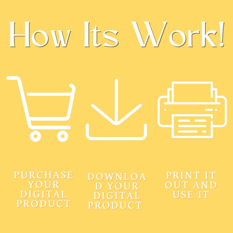 May include: A yellow graphic with white text and icons showing the process of buying, downloading, and printing a digital product. The text reads "How Its Work!" and includes a shopping cart, a download icon, and a printer icon.