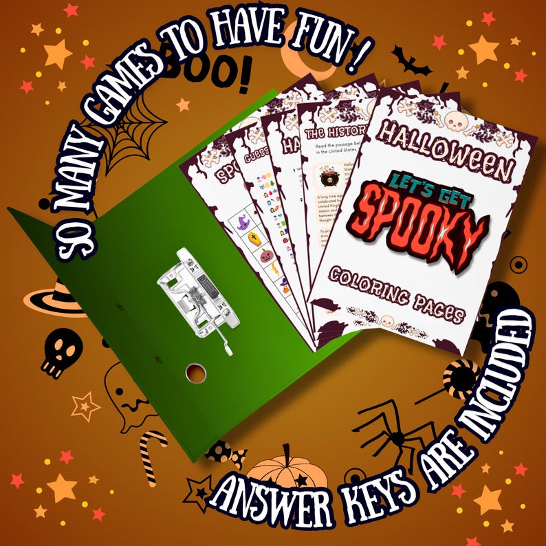 May include: A green binder with a silver ring clip holds a set of printable Halloween coloring pages and games. The pages feature spooky illustrations and the text "Let's Get Spooky" and "Halloween Coloring Pages". The text "Answer Keys Are Included" is printed on the bottom right corner of the image.