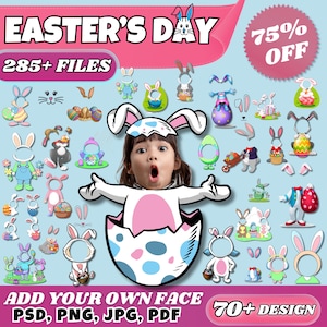 Ostern Gesicht Ausschnitt Clipart | Fügen Sie Ihr eigenes Foto hinzu | 285+ PNG- & PSD-Dateien | Hase | Ei-Rahmen | Digitaler Download für Handwerk und Sublimation