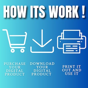 May include: A white shopping cart, a white download arrow, and a white printer icon with a white piece of paper inside. The text below the icons reads "HOW ITS WORK!"  "PURCHASE YOUR DIGITAL PRODUCT"  "DOWNLOAD YOUR DIGITAL PRODUCT"  "PRINT IT OUT AND USE IT"