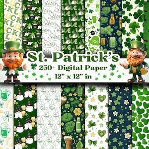 St Patricks Digital Paper Pack - Druckbare Grafikdesign-Muster, Hintergründe, grüne Papiere, Glückskleeblätter, irische Tartan-Plaidpapiere