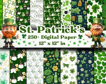 May include: A set of 12 digital papers featuring St. Patrick's Day themed designs. The papers include shamrocks, leprechauns, beer, and other Irish symbols. Each paper is 12 inches by 12 inches.