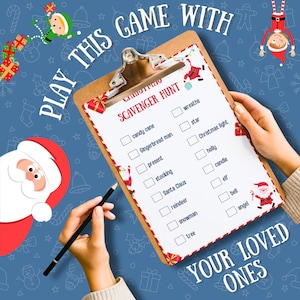 May include: A printable Christmas scavenger hunt game with a checklist of items to find, including candy cane, gingerbread man, present, stocking, Santa Claus, reindeer, snowman, tree, wreaths, star, Christmas lights, holly, candle, elf, bell, and angel. The game is on a clipboard with a red and white border.