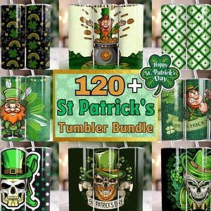 St. Patrick&#39;s Day Tumbler Wrap Bundle | 120+ Irish-Themed Designs | Shamrock, Leprechaun, Lucky PNG | Sublimation Wraps for 20oz Tumblers