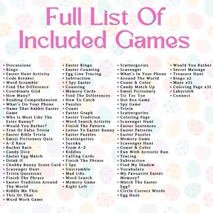 May include: A list of Easter games for kids and adults. The list includes games like Bingo, Scavenger Hunt, Easter Egg Match, and more.