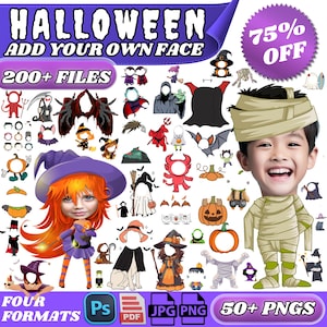 Puede incluir: Un conjunto de diseño gráfico digital con temática de Halloween. La imagen presenta el texto "HALLOWEEN ADD YOUR OWN FACE" y "200+ FILES". Incluye varios elementos de vestuario, un niño con un disfraz de momia y una bruja. La imagen también incluye el texto "75% OFF" y "50+ PNGS".
