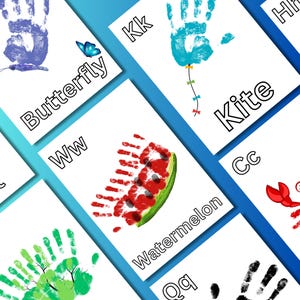 May include: A set of alphabet flashcards featuring handprint art. Each card has a letter, a word, and an image. The letters are in uppercase and the words are in lowercase. The images include a butterfly, a kite, a watermelon, a tree, and a crab.