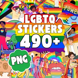 Pode incluir: Uma coleção de autocolantes digitais coloridos com personagens diversas, padrões de arco-íris e ilustrações temáticas de orgulho. O texto central diz LGBTQ STICKERS 490+ PNG em letras brancas sobre um fundo com as cores do arco-íris.