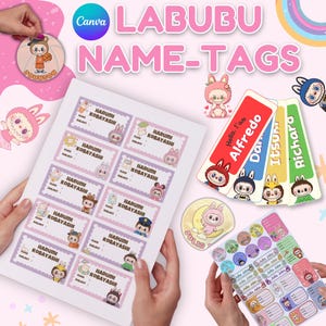 Labubu Name Tags for Kids – Editable & Printable Canva Template | Cute Cartoon School Labels, Stickers | Digital Download | Back to School