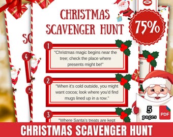 May include: A red and white printable Christmas scavenger hunt game with a Santa Claus illustration. The game includes five pages of clues and is 75% off. The text on the game says "Christmas Scavenger Hunt" and "Printable Instant Download Games for Kids, Teens & Adults".