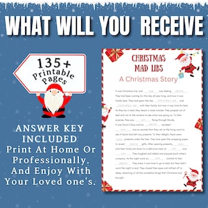May include: A printable Christmas Mad Libs story with a red and white striped background. The text reads "Christmas Mad Libs, A Christmas Story". The image also includes a cartoon Santa Claus.