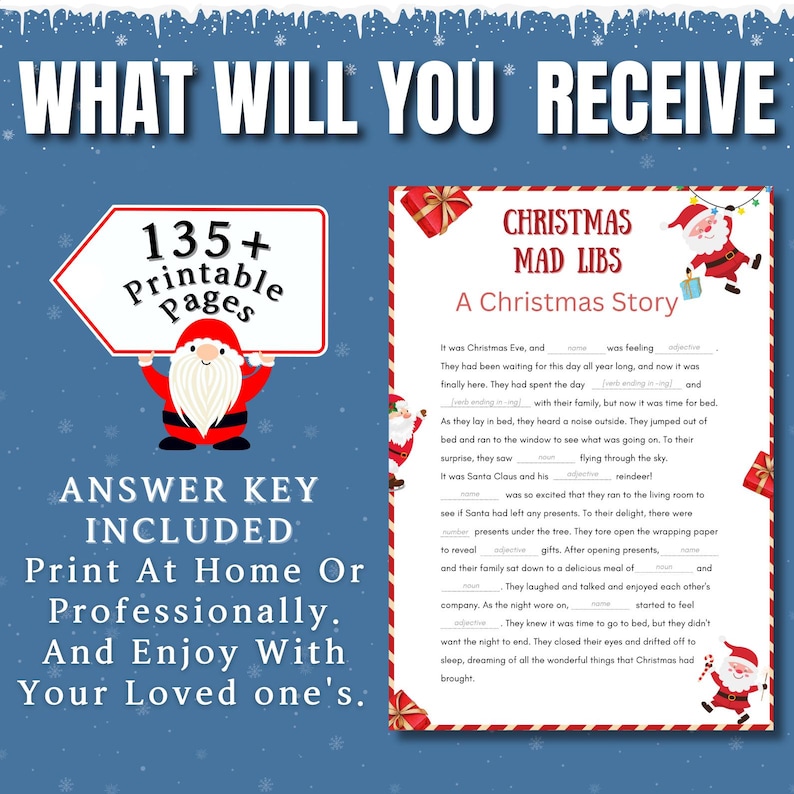 May include: A printable Christmas Mad Libs story with a red and white striped background. The text reads "Christmas Mad Libs, A Christmas Story". The image also includes a cartoon Santa Claus.