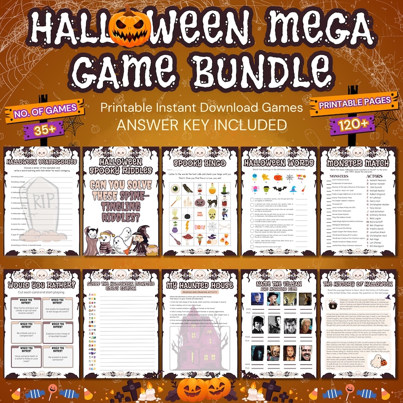 May include: A printable Halloween game bundle with 35+ games and 120+ pages. The games include Halloween Scattergories, Spooky Riddles, Spooky Bingo, Halloween Words, Monster Match, Would You Rather, Guess the Halloween Movie Quote, My Haunted House, Name the Villain and The History of Halloween.
