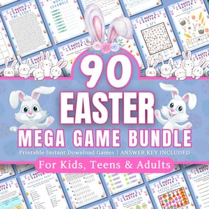 May include: A colorful digital download bundle of 90 printable Easter games for kids, teens, and adults. The bundle includes games like "Happy Easter The Story", "Word Scramble", "I Spy", "Easter Count", "Easter Scavenger Hunt", "Easter Graph", "Easter Subtraction", and more. The games feature cute bunny illustrations and a light blue background.