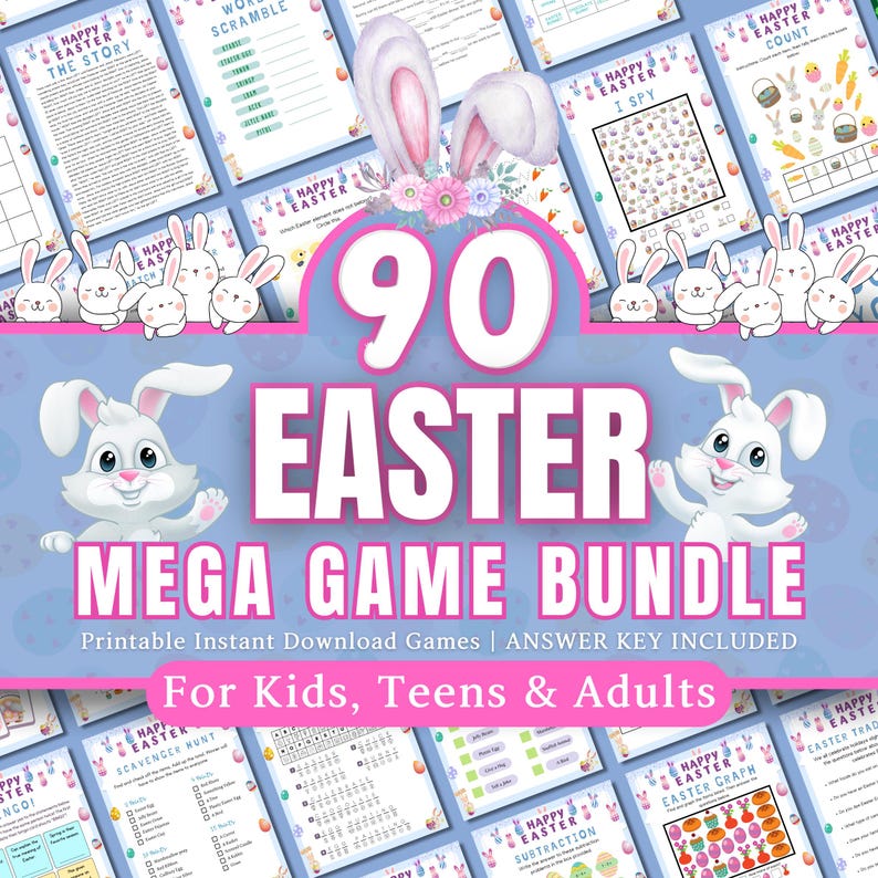 May include: A colorful digital download bundle of 90 printable Easter games for kids, teens, and adults. The bundle includes games like "Happy Easter The Story", "Word Scramble", "I Spy", "Easter Count", "Easter Scavenger Hunt", "Easter Graph", "Easter Subtraction", and more. The games feature cute bunny illustrations and a light blue background.