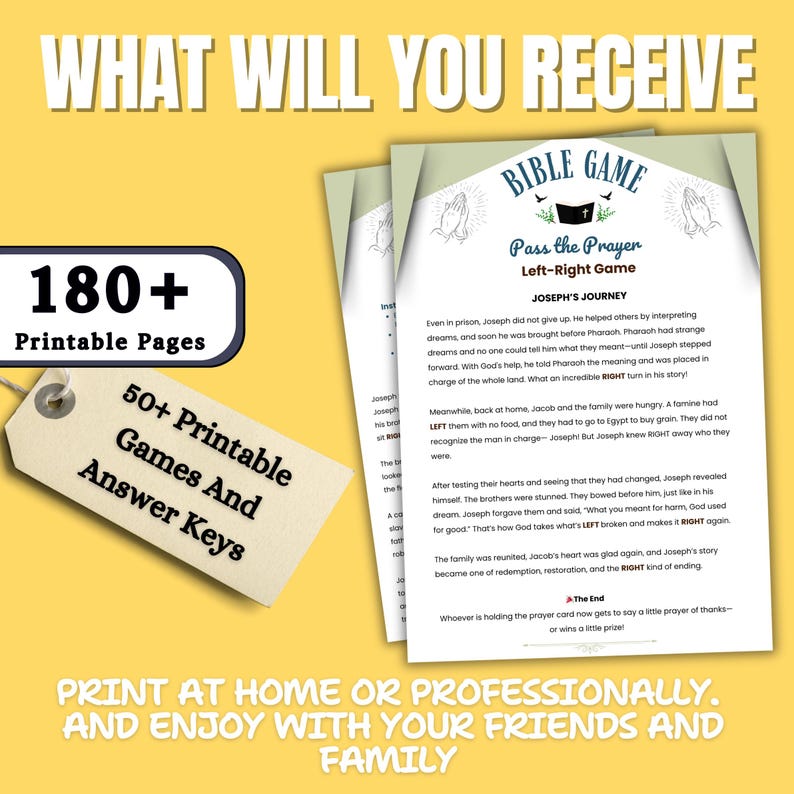 May include: A Bible game with the title "Pass the Prayer" and the subtitle "Left-Right Game". The image includes a tag with "50+ Printable Games and Answer Keys" and "180+ Printable Pages". The text encourages printing at home or professionally.